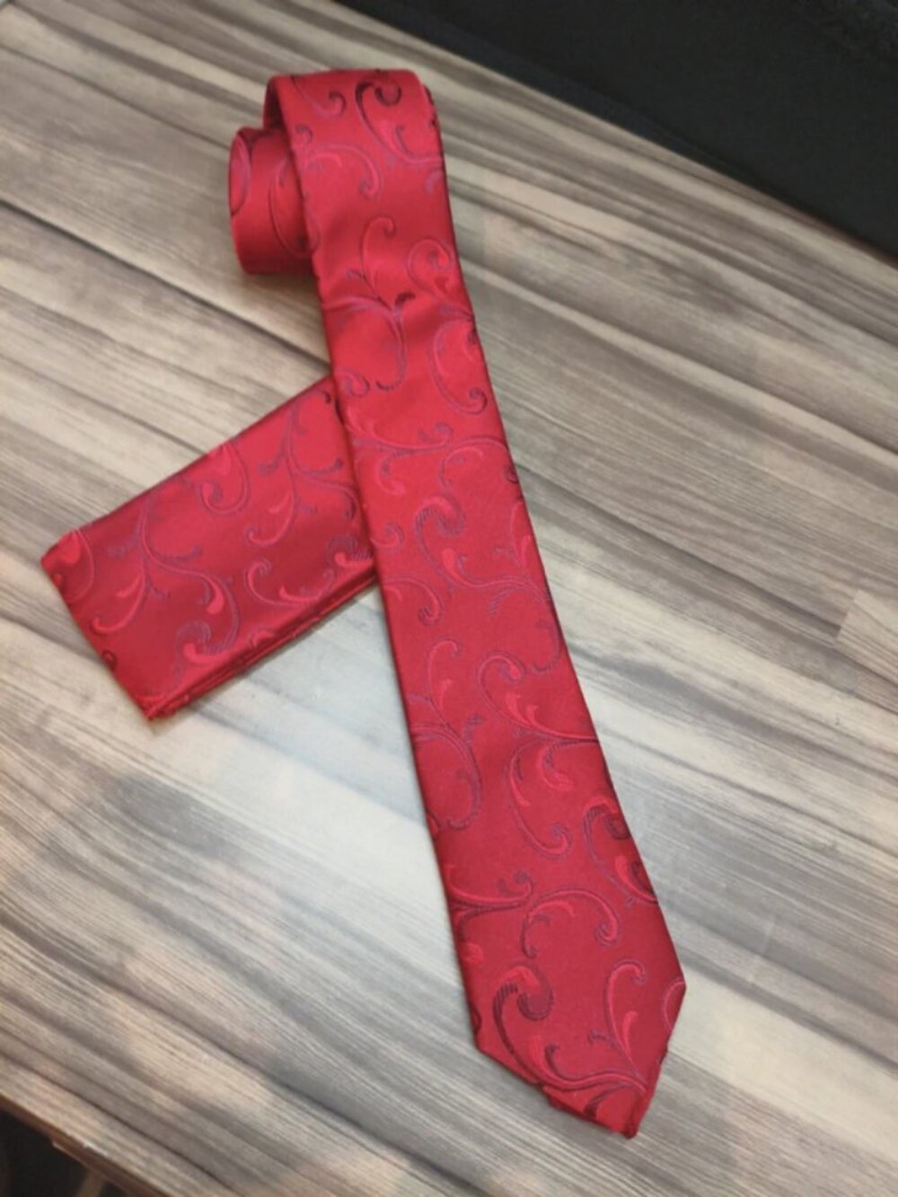 Cherry Red Paisley Slim neck tie with matching pocket square set